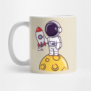 Cute Astronaut Holding Rocket On Moon Cartoon Mug